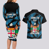 Fiji Rugby Couples Matching Long Sleeve Bodycon Dress and Hawaiian Shirt Flying Fijians Blue Palm Tree Version LT01 - Polynesian Pride