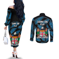 Fiji Rugby Couples Matching Off The Shoulder Long Sleeve Dress and Long Sleeve Button Shirts Flying Fijians Blue Palm Tree Version LT01 - Polynesian Pride