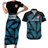 Fiji Rugby Couples Matching Short Sleeve Bodycon Dress and Hawaiian Shirt Flying Fijians Blue Palm Tree Version LT01 Black - Polynesian Pride