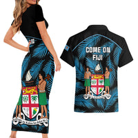 Fiji Rugby Couples Matching Short Sleeve Bodycon Dress and Hawaiian Shirt Flying Fijians Blue Palm Tree Version LT01 - Polynesian Pride
