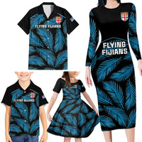 Fiji Rugby Family Matching Long Sleeve Bodycon Dress and Hawaiian Shirt Flying Fijians Blue Palm Tree Version LT01 - Polynesian Pride