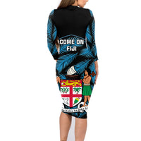 Fiji Rugby Family Matching Long Sleeve Bodycon Dress and Hawaiian Shirt Flying Fijians Blue Palm Tree Version LT01 - Polynesian Pride