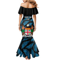 Fiji Rugby Family Matching Mermaid Dress and Hawaiian Shirt Flying Fijians Blue Palm Tree Version LT01 - Polynesian Pride