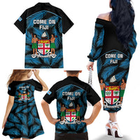 Fiji Rugby Family Matching Off Shoulder Long Sleeve Dress and Hawaiian Shirt Flying Fijians Blue Palm Tree Version LT01 - Polynesian Pride