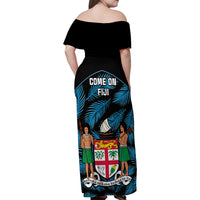 Fiji Rugby Family Matching Off Shoulder Maxi Dress and Hawaiian Shirt Flying Fijians Blue Palm Tree Version LT01 - Polynesian Pride