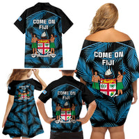 Fiji Rugby Family Matching Off Shoulder Short Dress and Hawaiian Shirt Flying Fijians Blue Palm Tree Version LT01 - Polynesian Pride