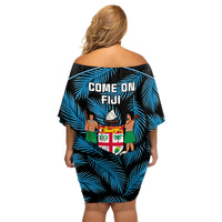 Fiji Rugby Family Matching Off Shoulder Short Dress and Hawaiian Shirt Flying Fijians Blue Palm Tree Version LT01 - Polynesian Pride