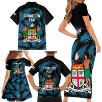Fiji Rugby Family Matching Short Sleeve Bodycon Dress and Hawaiian Shirt Flying Fijians Blue Palm Tree Version LT01 - Polynesian Pride