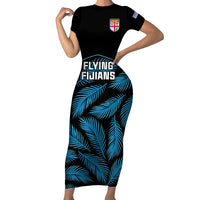 Fiji Rugby Family Matching Short Sleeve Bodycon Dress and Hawaiian Shirt Flying Fijians Blue Palm Tree Version LT01 Mom's Dress Black - Polynesian Pride