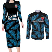 Custom Fiji Rugby Couples Matching Long Sleeve Bodycon Dress and Long Sleeve Button Shirts Flying Fijians Blue Palm Tree Version LT01 Black - Polynesian Pride