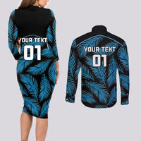 Custom Fiji Rugby Couples Matching Long Sleeve Bodycon Dress and Long Sleeve Button Shirts Flying Fijians Blue Palm Tree Version LT01 - Polynesian Pride