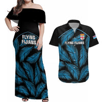 Custom Fiji Rugby Couples Matching Off Shoulder Maxi Dress and Hawaiian Shirt Flying Fijians Blue Palm Tree Version LT01 Black - Polynesian Pride