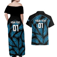 Custom Fiji Rugby Couples Matching Off Shoulder Maxi Dress and Hawaiian Shirt Flying Fijians Blue Palm Tree Version LT01 - Polynesian Pride