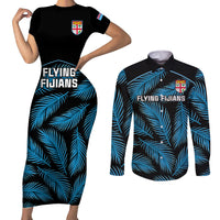 Custom Fiji Rugby Couples Matching Short Sleeve Bodycon Dress and Long Sleeve Button Shirts Flying Fijians Blue Palm Tree Version LT01 Black - Polynesian Pride