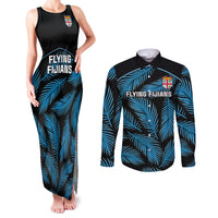 Custom Fiji Rugby Couples Matching Tank Maxi Dress and Long Sleeve Button Shirts Flying Fijians Blue Palm Tree Version LT01 Black - Polynesian Pride