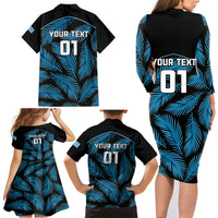 Custom Fiji Rugby Family Matching Long Sleeve Bodycon Dress and Hawaiian Shirt Flying Fijians Blue Palm Tree Version LT01 - Polynesian Pride