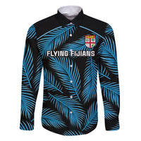 Custom Fiji Rugby Family Matching Long Sleeve Bodycon Dress and Hawaiian Shirt Flying Fijians Blue Palm Tree Version LT01 Dad's Shirt - Long Sleeve Black - Polynesian Pride