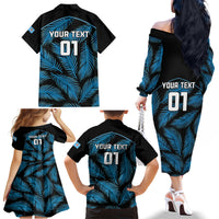Custom Fiji Rugby Family Matching Off Shoulder Long Sleeve Dress and Hawaiian Shirt Flying Fijians Blue Palm Tree Version LT01 - Polynesian Pride