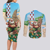 Hawaii Christmas Santa Claus Couples Matching Long Sleeve Bodycon Dress and Long Sleeve Button Shirt Mele Kalikimaka Tropical Beach LT01 - Polynesian Pride