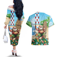 Hawaii Christmas Santa Claus Couples Matching Off The Shoulder Long Sleeve Dress and Hawaiian Shirt Mele Kalikimaka Tropical Beach LT01 - Polynesian Pride