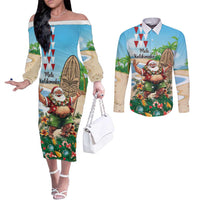 Hawaii Christmas Santa Claus Couples Matching Off The Shoulder Long Sleeve Dress and Long Sleeve Button Shirt Mele Kalikimaka Tropical Beach LT01 Art - Polynesian Pride