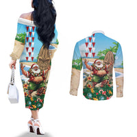 Hawaii Christmas Santa Claus Couples Matching Off The Shoulder Long Sleeve Dress and Long Sleeve Button Shirt Mele Kalikimaka Tropical Beach LT01 - Polynesian Pride
