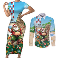 Hawaii Christmas Santa Claus Couples Matching Short Sleeve Bodycon Dress and Long Sleeve Button Shirt Mele Kalikimaka Tropical Beach LT01 Art - Polynesian Pride