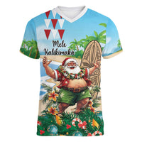Hawaii Christmas Santa Claus Women V-Neck T-Shirt Mele Kalikimaka Tropical Beach LT01 Female Art - Polynesian Pride