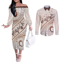 Pasifika Festival Couples Matching Off The Shoulder Long Sleeve Dress and Long Sleeve Button Shirt Vintage Tribal Pattern LT01 Brown - Polynesian Pride