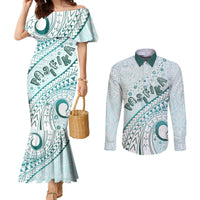 Pasifika Festival Couples Matching Mermaid Dress and Long Sleeve Button Shirt Tribal Pattern Teal Version LT01 Teal - Polynesian Pride