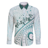 Pasifika Festival Family Matching Long Sleeve Bodycon Dress and Hawaiian Shirt Tribal Pattern Teal Version LT01 Dad's Shirt - Long Sleeve Teal - Polynesian Pride