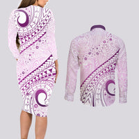 Pasifika Festival Couples Matching Long Sleeve Bodycon Dress and Long Sleeve Button Shirt Tribal Pattern Lilac Version LT01 - Polynesian Pride
