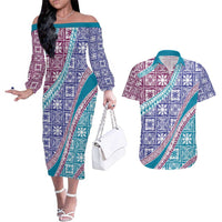 Hawaiian Quilt Pattern Couples Matching Off The Shoulder Long Sleeve Dress and Hawaiian Shirt Purple Blue Color Mixed LT01 Purple - Polynesian Pride