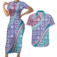 Hawaiian Quilt Pattern Couples Matching Short Sleeve Bodycon Dress and Hawaiian Shirt Purple Blue Color Mixed LT01 Purple - Polynesian Pride