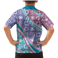 Hawaiian Quilt Pattern Family Matching Mermaid Dress and Hawaiian Shirt Purple Blue Color Mixed LT01 - Polynesian Pride