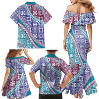 Hawaiian Quilt Pattern Family Matching Mermaid Dress and Hawaiian Shirt Purple Blue Color Mixed LT01 - Polynesian Pride