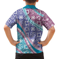 Hawaiian Quilt Pattern Family Matching Off The Shoulder Long Sleeve Dress and Hawaiian Shirt Purple Blue Color Mixed LT01 - Polynesian Pride
