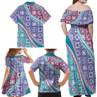 Hawaiian Quilt Pattern Family Matching Off Shoulder Maxi Dress and Hawaiian Shirt Purple Blue Color Mixed LT01 - Polynesian Pride