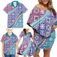 Hawaiian Quilt Pattern Family Matching Off Shoulder Short Dress and Hawaiian Shirt Purple Blue Color Mixed LT01 - Polynesian Pride