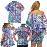 Hawaiian Quilt Pattern Family Matching Off Shoulder Short Dress and Hawaiian Shirt Purple Blue Color Mixed LT01 - Polynesian Pride