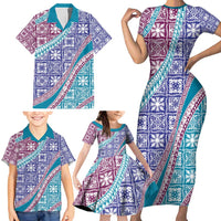 Hawaiian Quilt Pattern Family Matching Short Sleeve Bodycon Dress and Hawaiian Shirt Purple Blue Color Mixed LT01 - Polynesian Pride