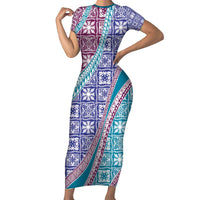 Hawaiian Quilt Pattern Family Matching Short Sleeve Bodycon Dress and Hawaiian Shirt Purple Blue Color Mixed LT01 Mom's Dress Purple - Polynesian Pride