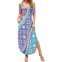 Hawaiian Quilt Pattern Family Matching Summer Maxi Dress and Hawaiian Shirt Purple Blue Color Mixed LT01 Mom's Dress Purple - Polynesian Pride
