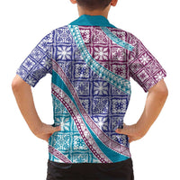 Hawaiian Quilt Pattern Family Matching Tank Maxi Dress and Hawaiian Shirt Purple Blue Color Mixed LT01 - Polynesian Pride