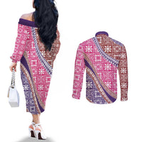 Hawaiian Quilt Pattern Couples Matching Off The Shoulder Long Sleeve Dress and Long Sleeve Button Shirt Sweet Color Mixed - Polynesian Pride