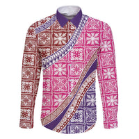 Hawaiian Quilt Pattern Family Matching Off Shoulder Short Dress and Hawaiian Shirt Sweet Color Mixed LT01 Dad's Shirt - Long Sleeve Pink - Polynesian Pride