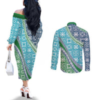 Hawaiian Quilt Pattern Couples Matching Off The Shoulder Long Sleeve Dress and Long Sleeve Button Shirt Fresh Color Mixed - Polynesian Pride