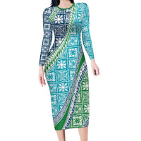Hawaiian Quilt Pattern Family Matching Long Sleeve Bodycon Dress and Hawaiian Shirt Fresh Color Mixed LT01 Mom's Dress Green - Polynesian Pride