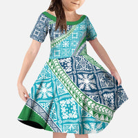 Hawaiian Quilt Pattern Family Matching Tank Maxi Dress and Hawaiian Shirt Fresh Color Mixed LT01 Daughter's Dress Green - Polynesian Pride