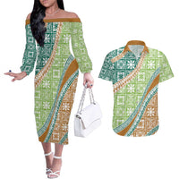 Hawaiian Quilt Pattern Couples Matching Off The Shoulder Long Sleeve Dress and Hawaiian Shirt Green Chestnut Color Mixed LT01 Green - Polynesian Pride